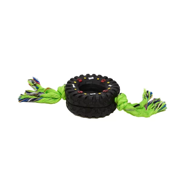 Fetch tire on rope dog toy tug of war