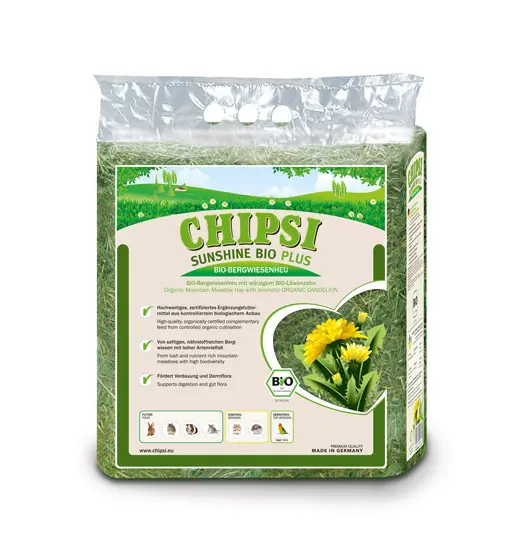 Chipsi Sunshine BIO Hay with Dandelion is an Organic Mountain Meadow Hay with aromatic Organic Dandelion. Supports digestion and gut flora.