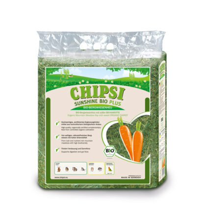 Chipsi Sunshine BIO Hay with carrots is an Organic Mountain Meadow Hay with carrots. Supports digestion and gut flora.