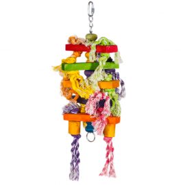Hanging Bird Toys Bits ‘n’ Blocks made of durable non-toxic rope and wood designed to hang in a small or medium sized bird cage