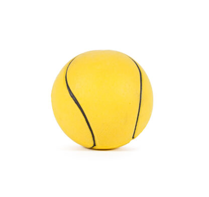 Yellow Rubber Tennis Ball Dog Toy made of a hardy, non-toxic rubber-like material in a classic tennis ball design