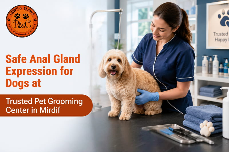 Professional dog grooming service at Paws & Claws Pets in Mirdif, Dubai, where a trained groomer provides safe and hygienic care in a clean pet spa environment.