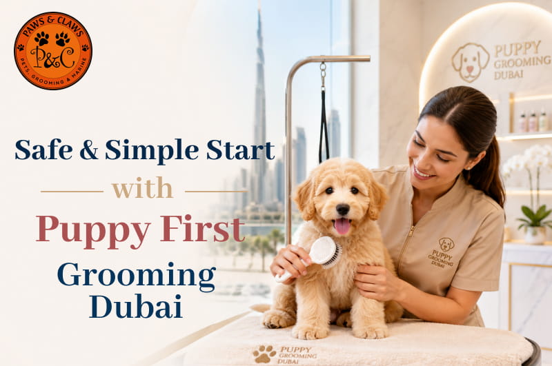 Paws & Claws Pets puppy first grooming service in Dubai, where a professional groomer gently brushes a young puppy in a clean and safe grooming salon.