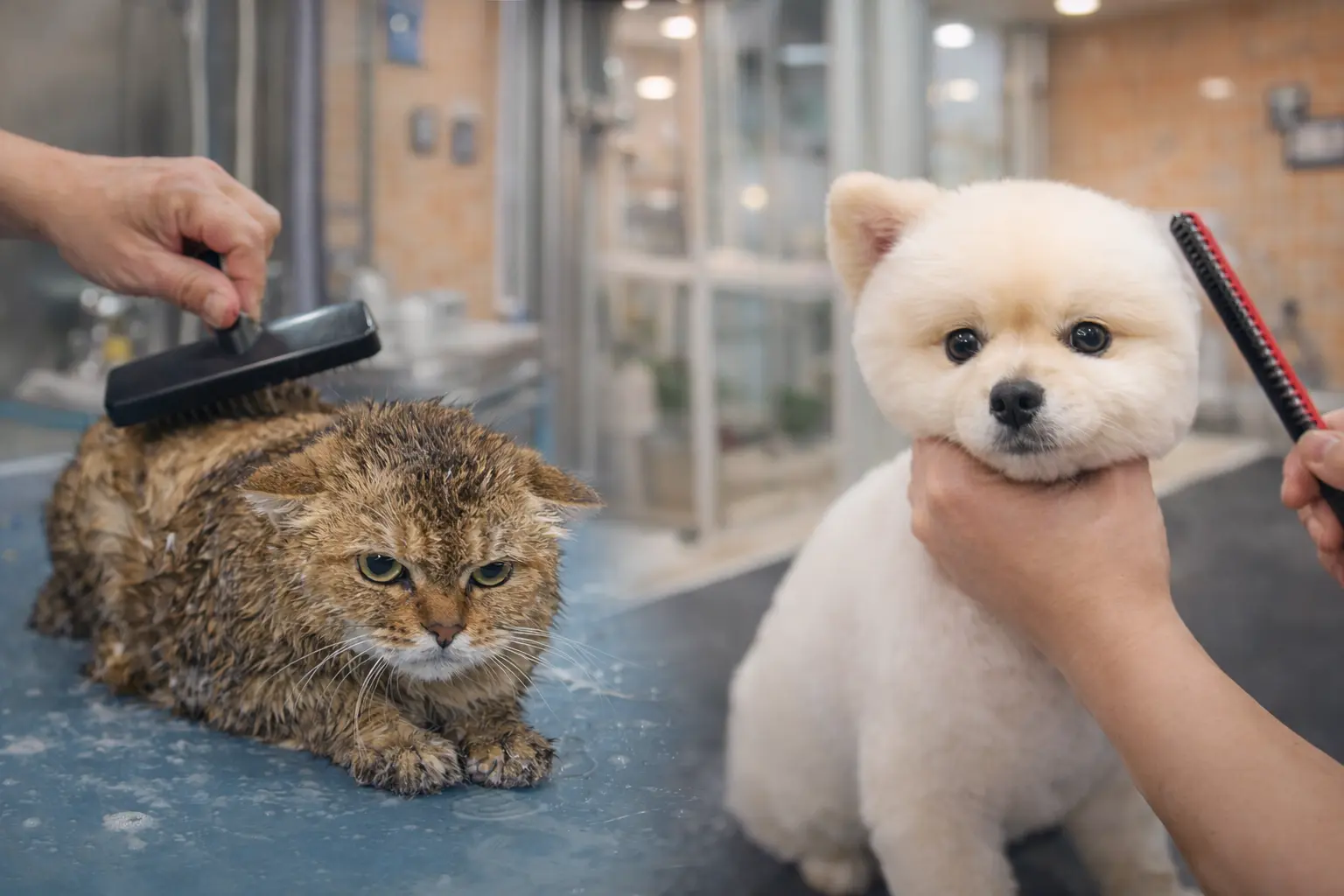 Your Pet's Happy Place for Premium Care 3 Groomer gentle handling a dog